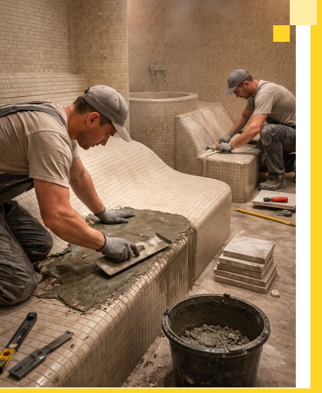 Лежаки для хамама под ключ в Инте, проект и монтаж